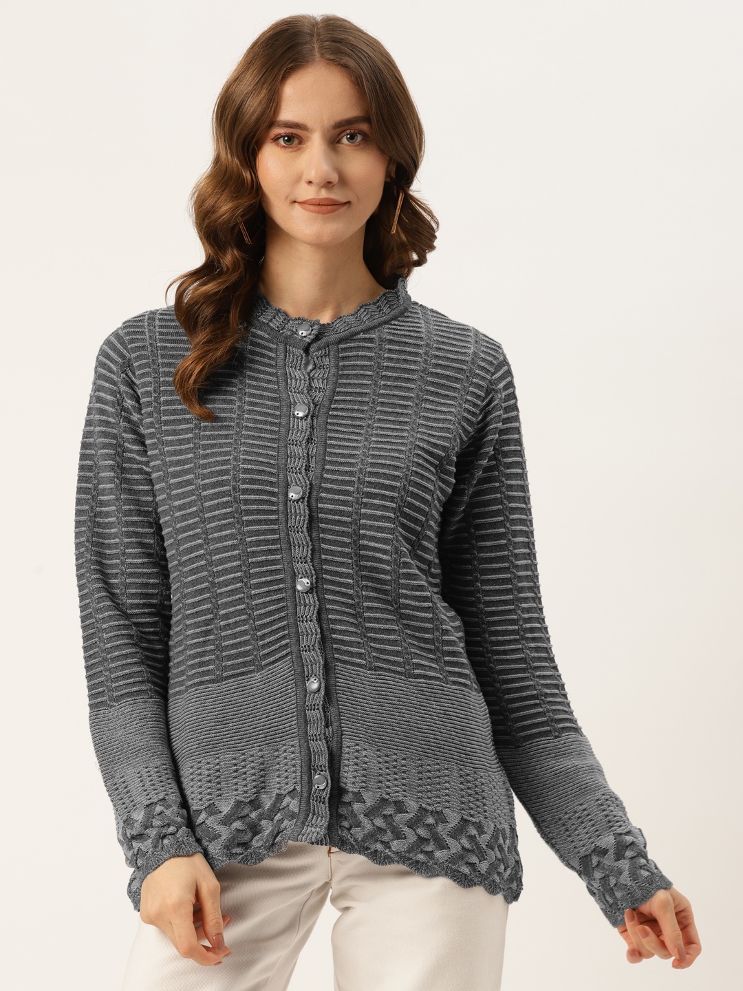 American Eye Women Grey Striped Cardigan