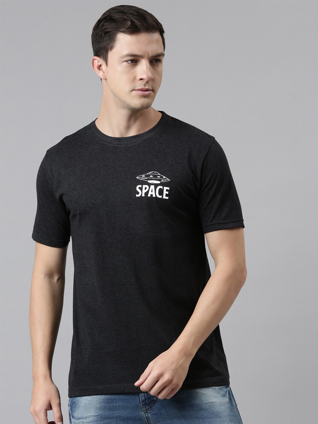 recast Men Grey & gunmetal Typography Printed Bio Finish T-shirt