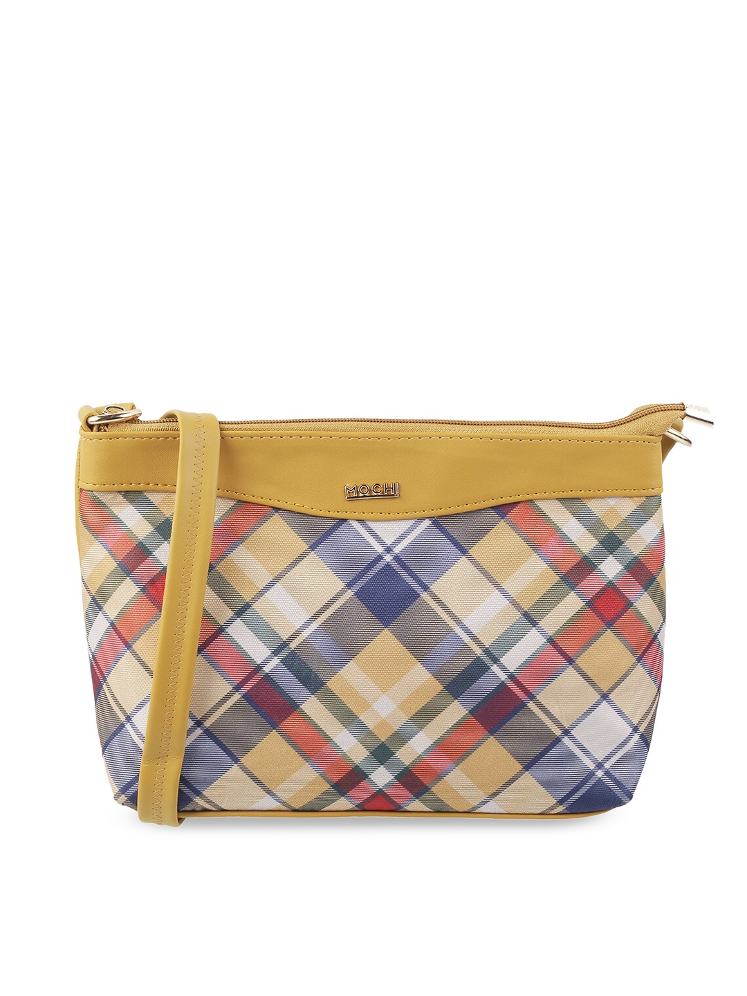 Mochi Women Yellow & Blue Checked PU Structured Sling Bag