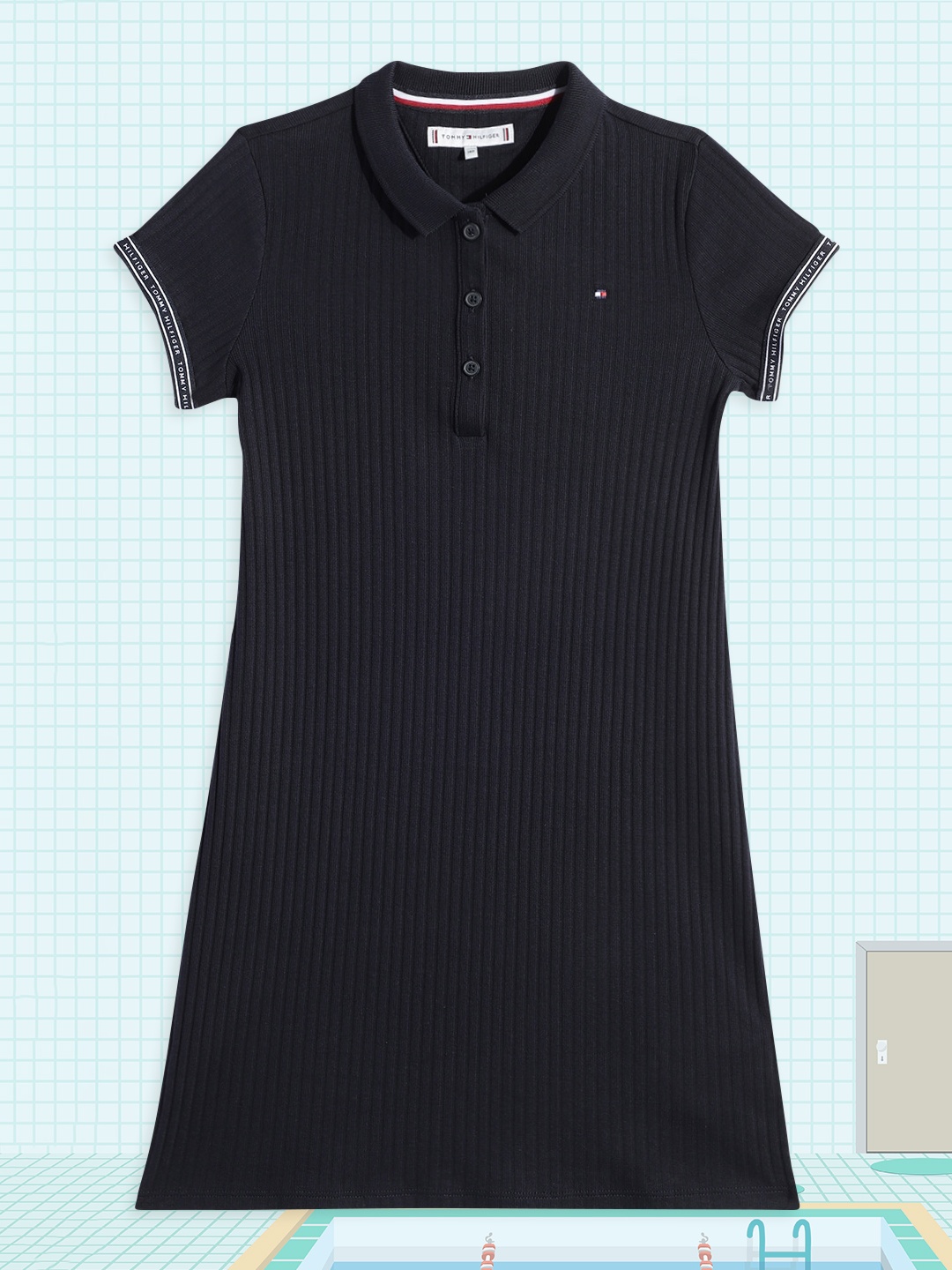 Tommy Hilfiger Girls Navy Blue Ribbed Embroidered Indigo A-Line Dress with Taping Detail
Tommy Hilfiger Girls Navy Blue Ribbed Embroidered Indigo A-Line Dress with Taping Detail