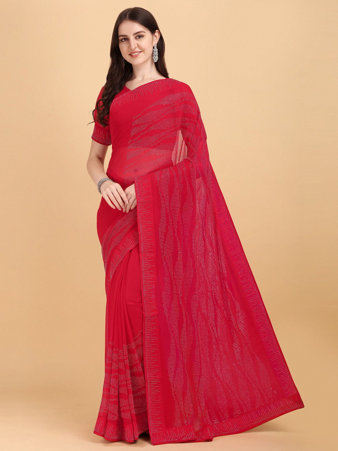 ORUS Women Red Embellished Beads and Stones Pure Georgette Saree 
ORUS Women Red Embellished Beads and Stones Pure Georgette Saree