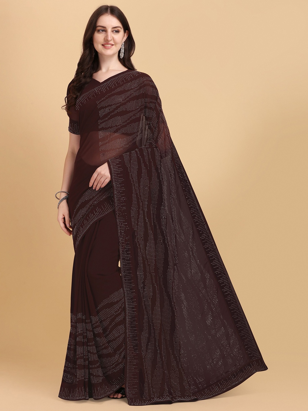 ORUS Brown Women's Embellished Pure Georgette Saree With Unstitched Blouse Piece