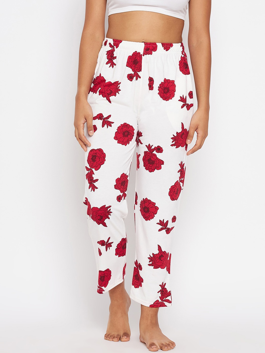 ALIZA Women White & Red Printed Cotton Relaxed-Fit Lounge Pant