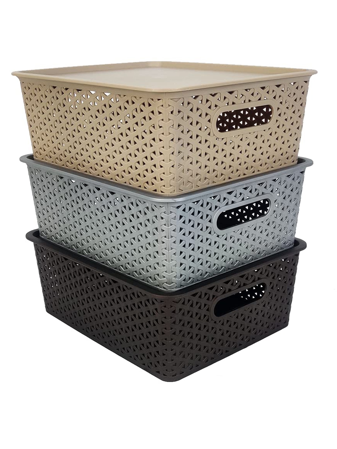 HOMESTRAP Set of 3 Solid Basket with Lid, Brown