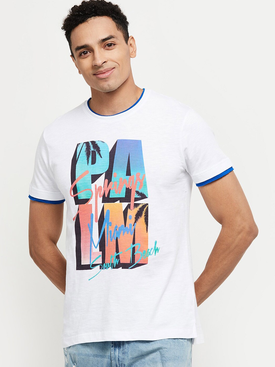 max Men White Printed Cotton T-shirt