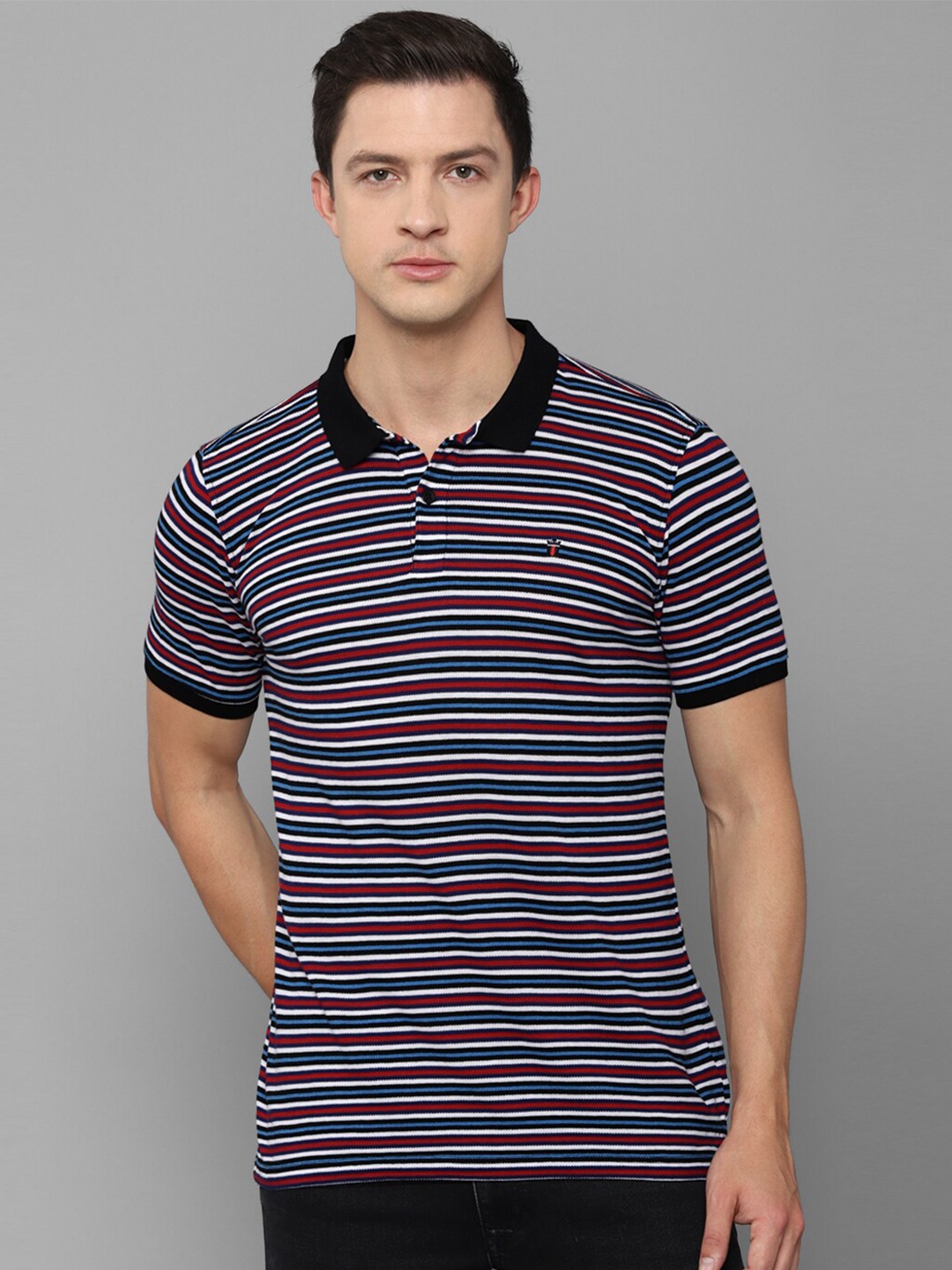 Louis Philippe Sport Men Blue & Red Striped Polo Collar Slim Fit T-shirt