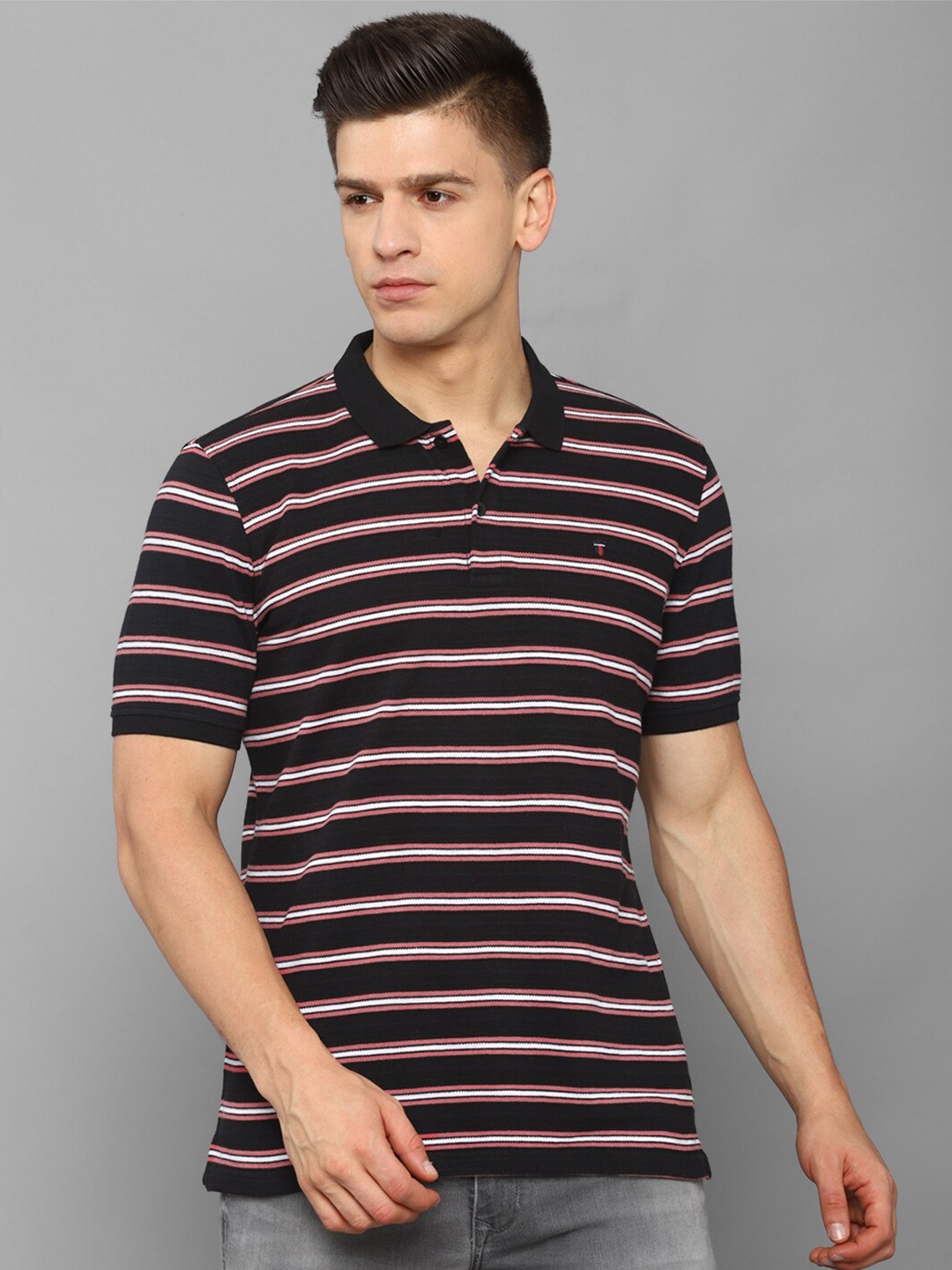 Louis Philippe Sport Men Black Striped Polo Collar Slim Fit T-shirt