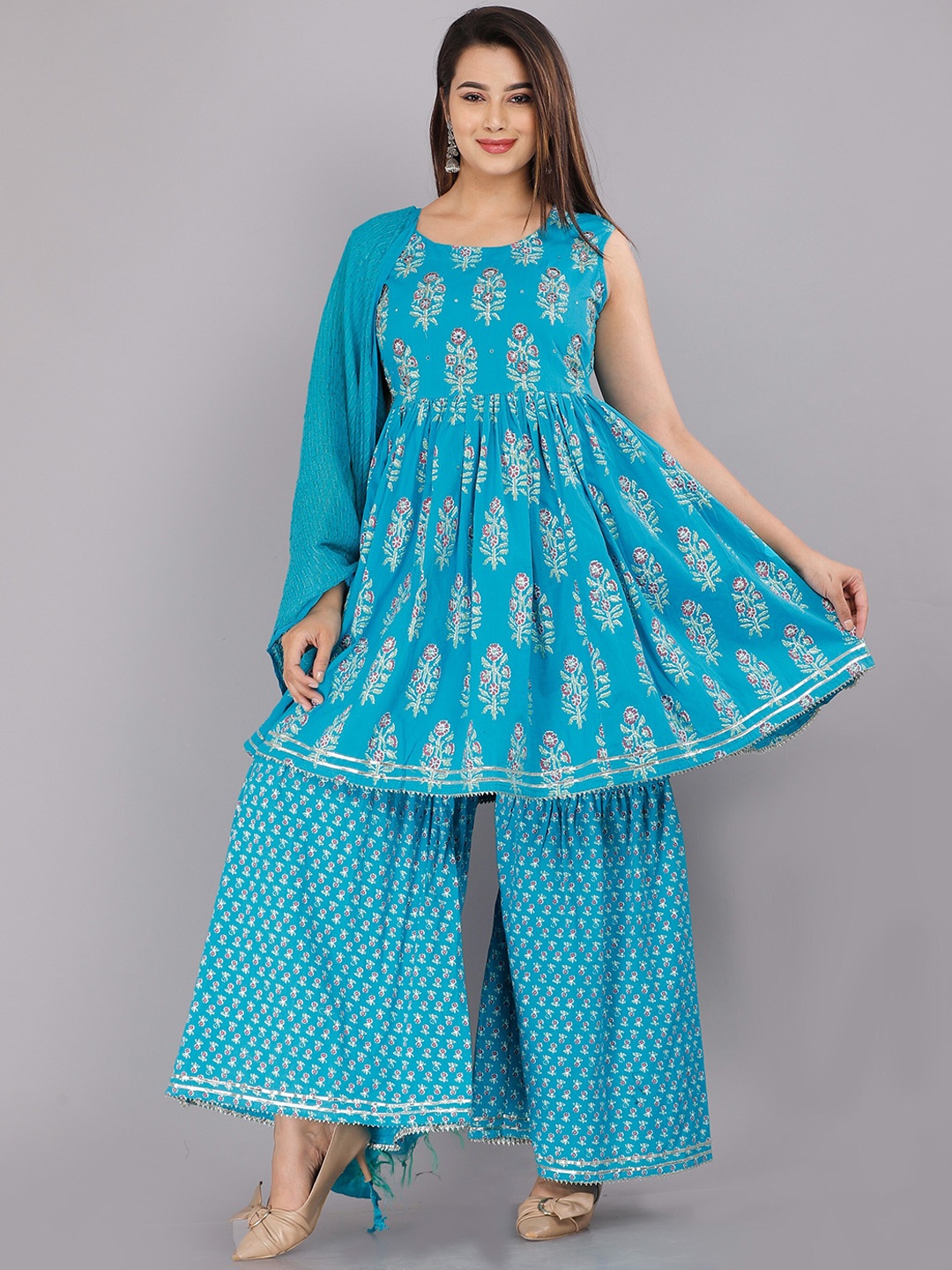 KALINI Women Blue Ethnic Motifs Pleated Pure Cotton Kurta with Sharara & With Dupatta
KALINI Women Blue Ethnic Motifs Pleated Pure Cotton Kurta with Sharara & With Dupatta