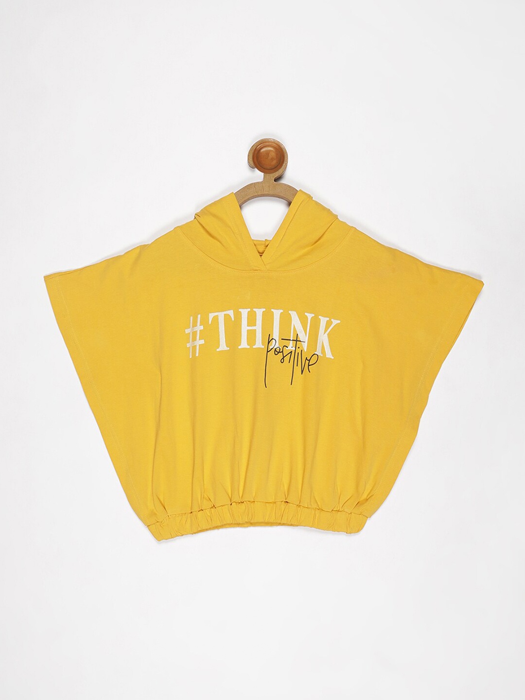 V2 Value & Variety Girls Mustard Yellow Print Hooded Pure Cotton Top