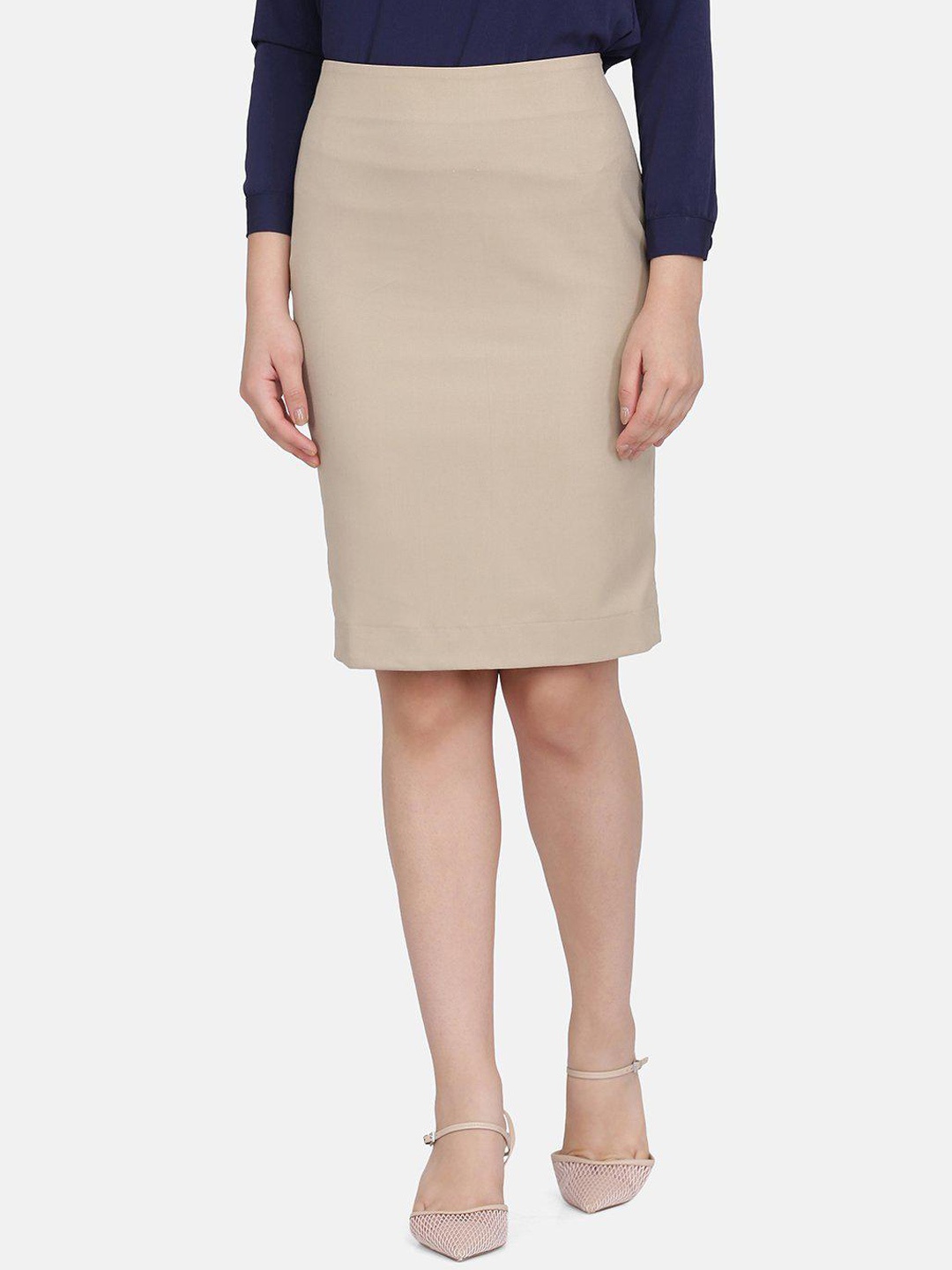 PowerSutra Women Beige Solid Knee-Length Pencil Skirt