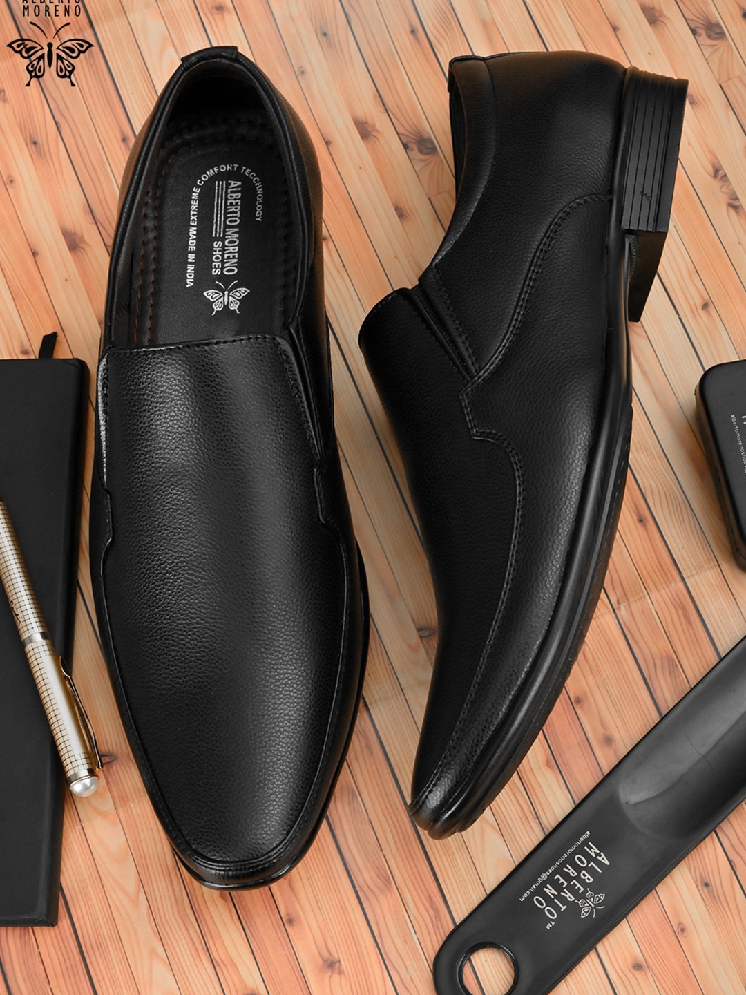ALBERTO MORENO Men Black Solid Formal Slip-Ons