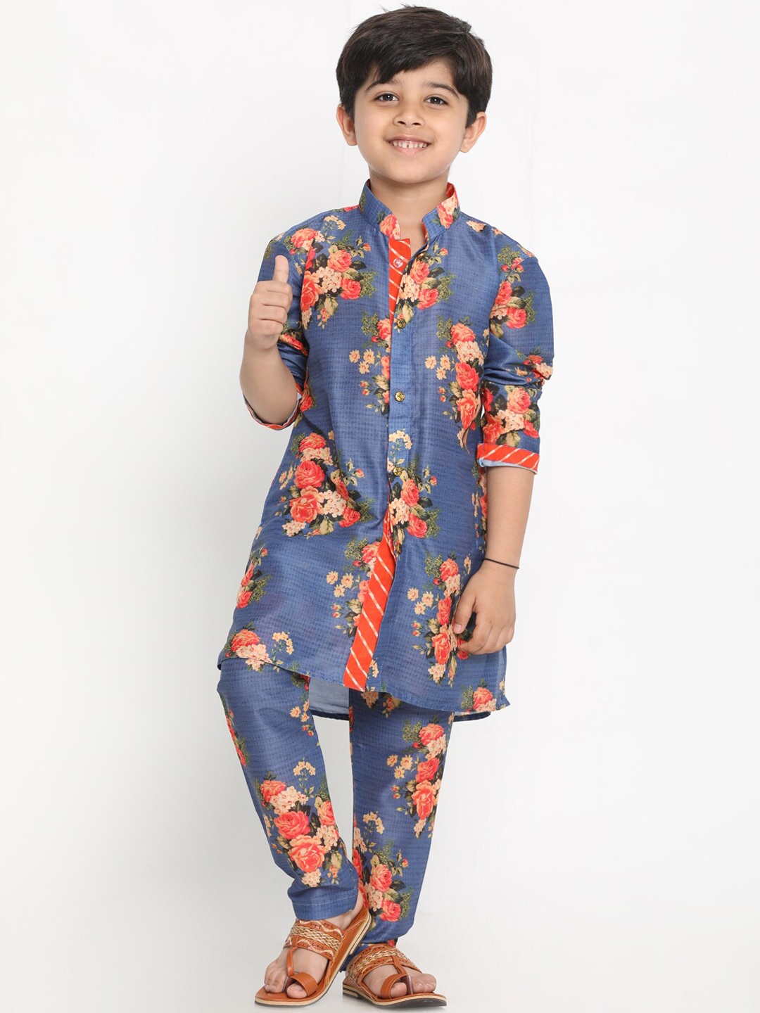 VASTRAMAY Boys Blue Floral Printed Kurta with Dhoti Pants