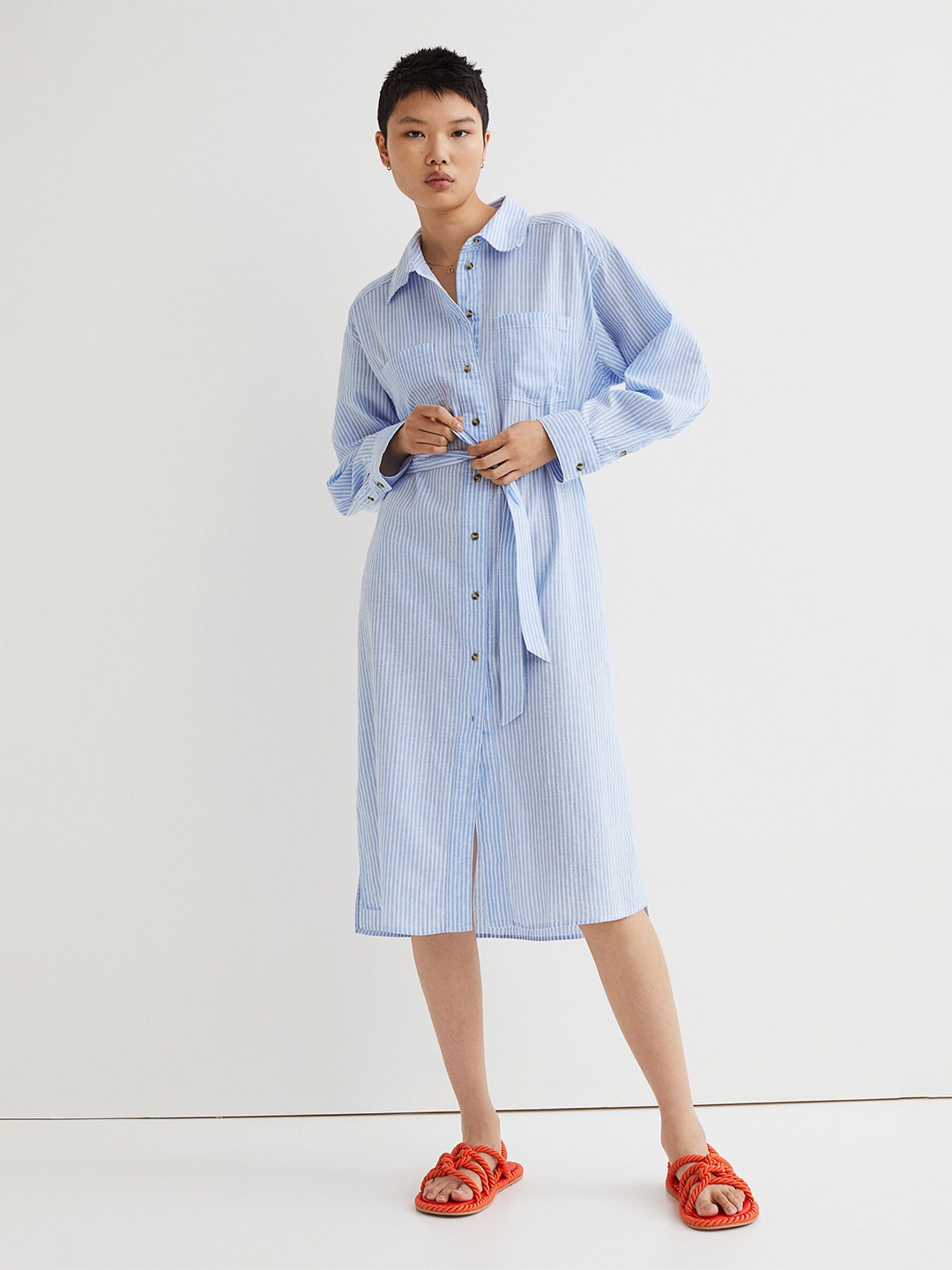 H&M Women Blue Striped Tie-Belt Shirt Dress
