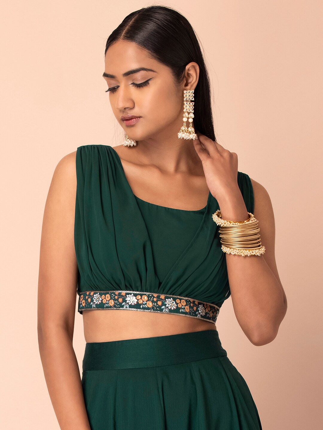 Rang by Indya Women Green Gathered Crop Tops