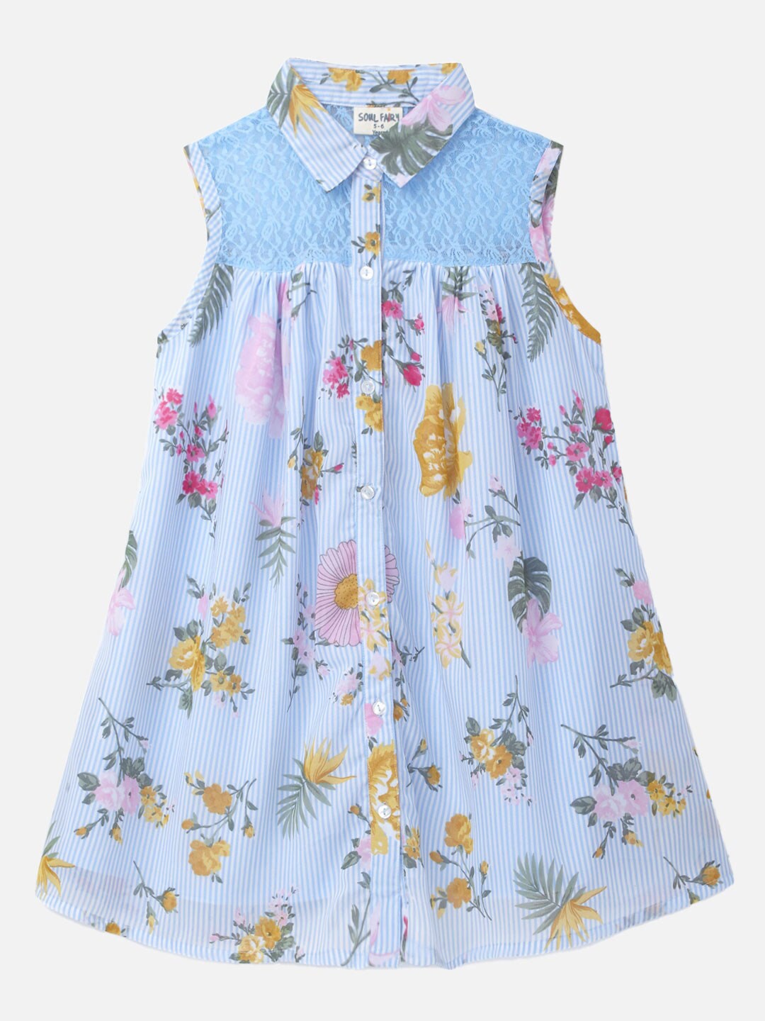 SOULFAIRY Girls Blue Floral Georgette A-Line Maxi Dress