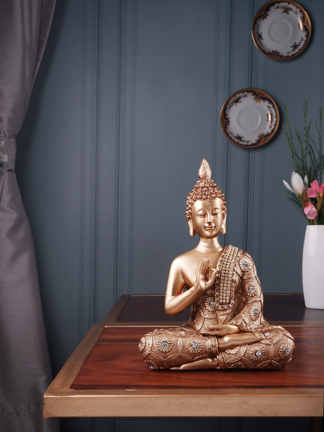 THE WHITE INK DECOR Gold Coloured Buddha Vitarka Mudra Figurine Showpieces