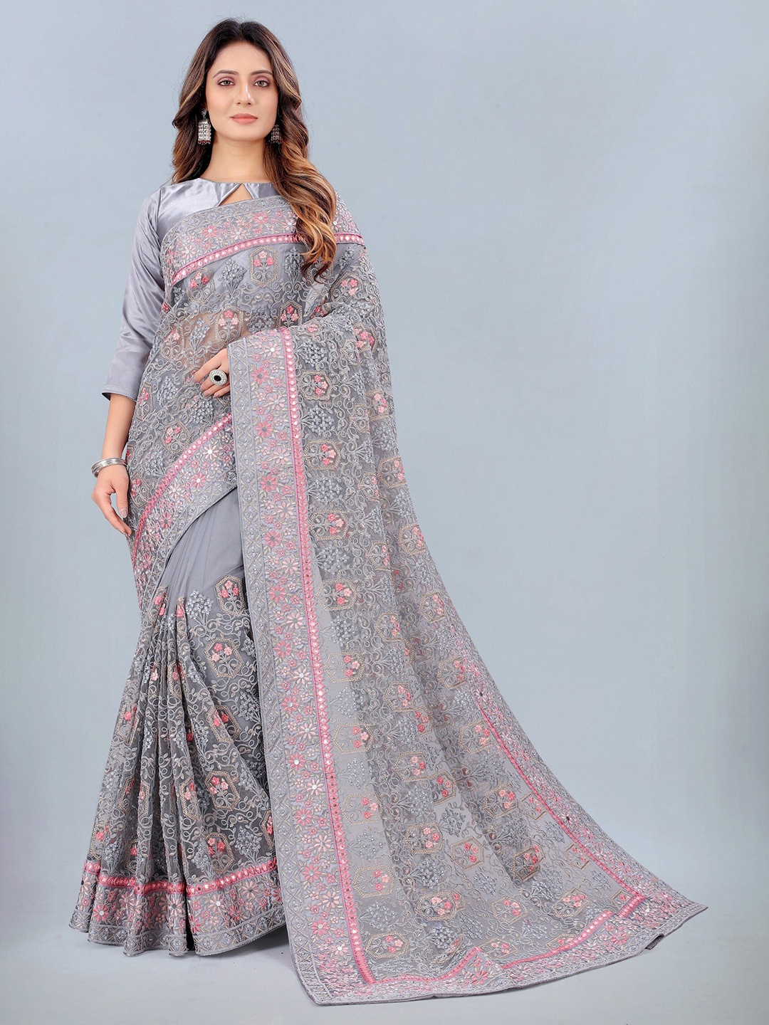 ASPORA Grey & Pink Floral Beads and Stones Net Embroidered Saree