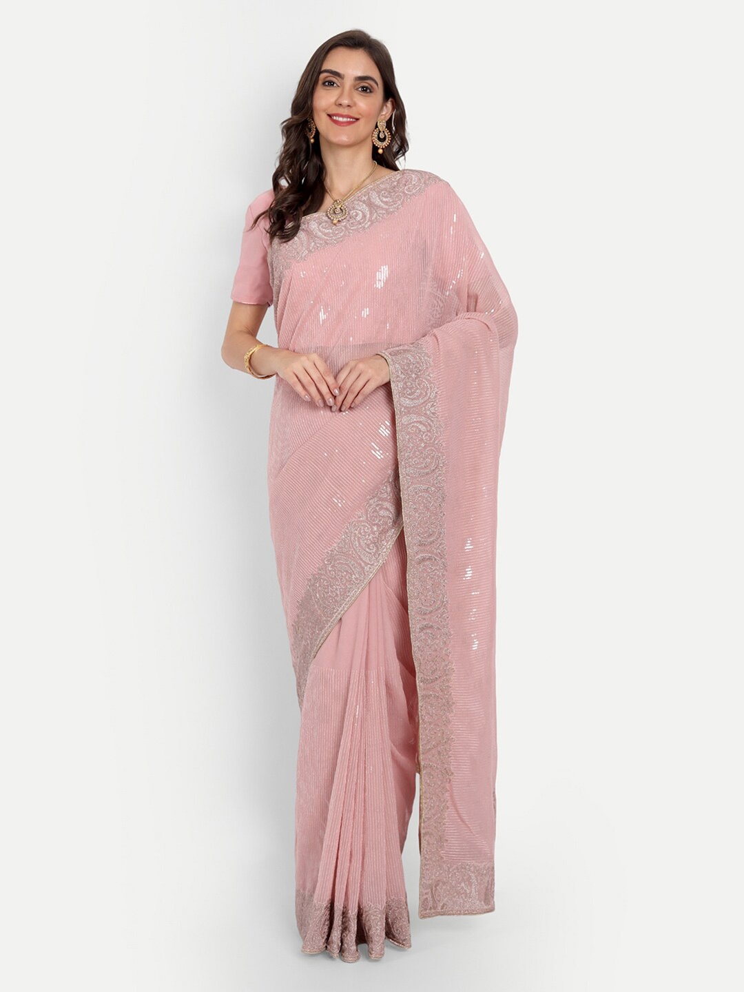 ASPORA Pink & Rose Gold Embellished Sequinned Saree