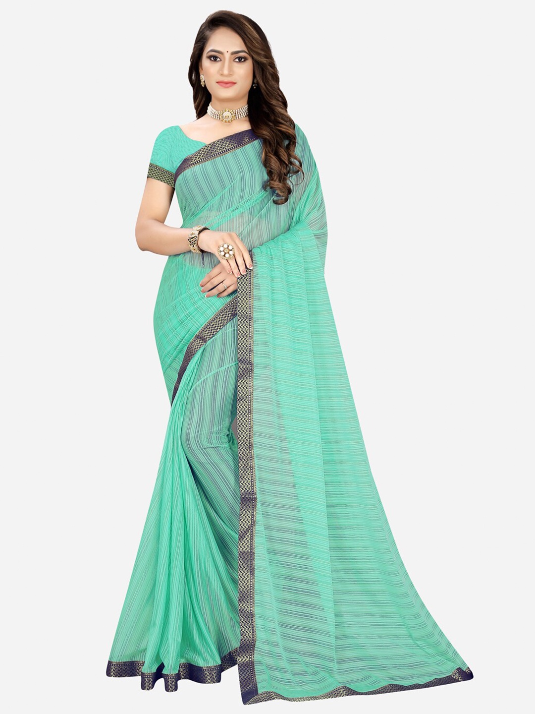 Florence Women Sea Green & Gold-Toned Woven Design Silk Cotton Mysore Silk Saree Blouse