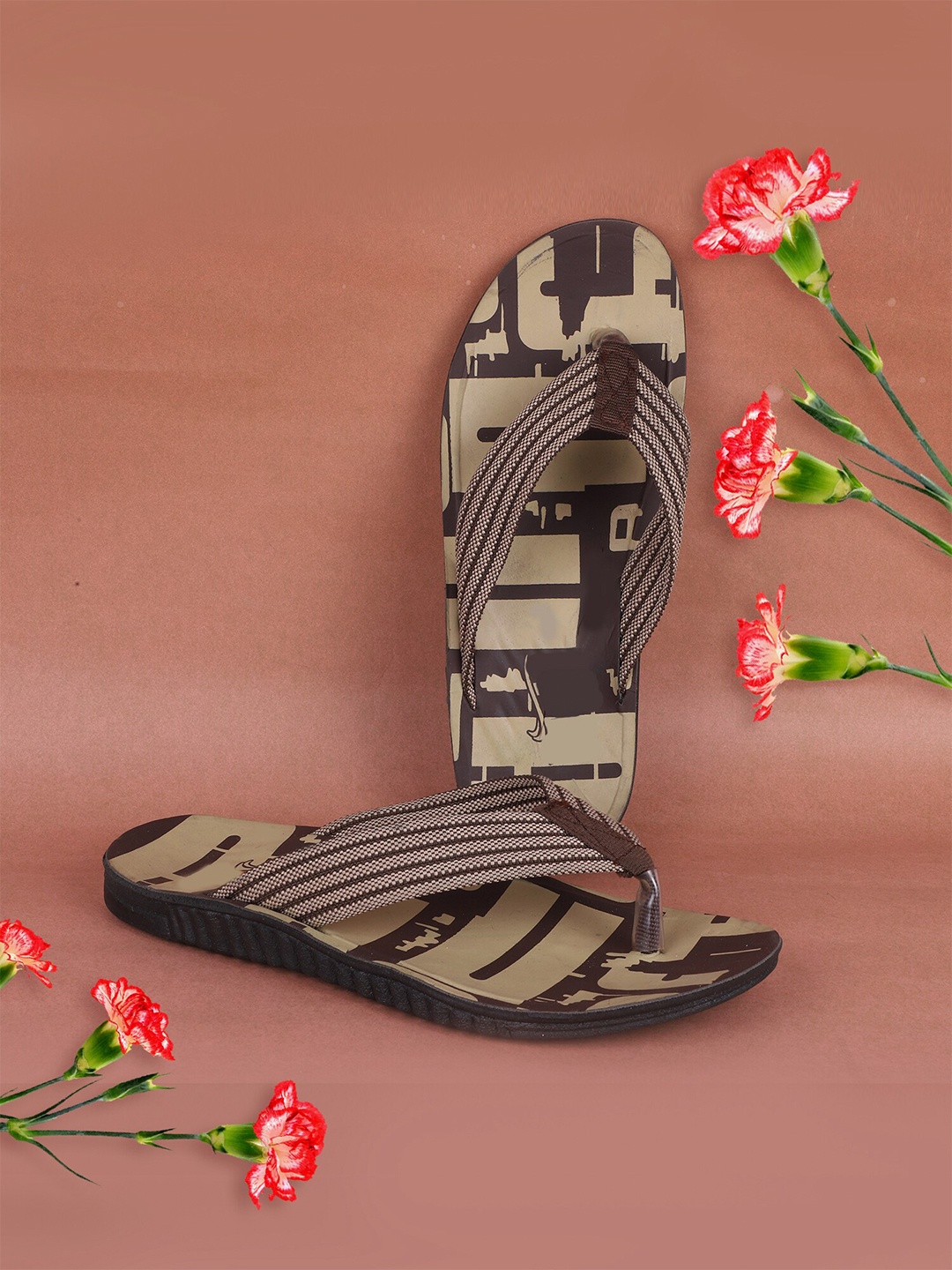 FABBMATE Men Brown & Black Printed Thong Flip-Flops