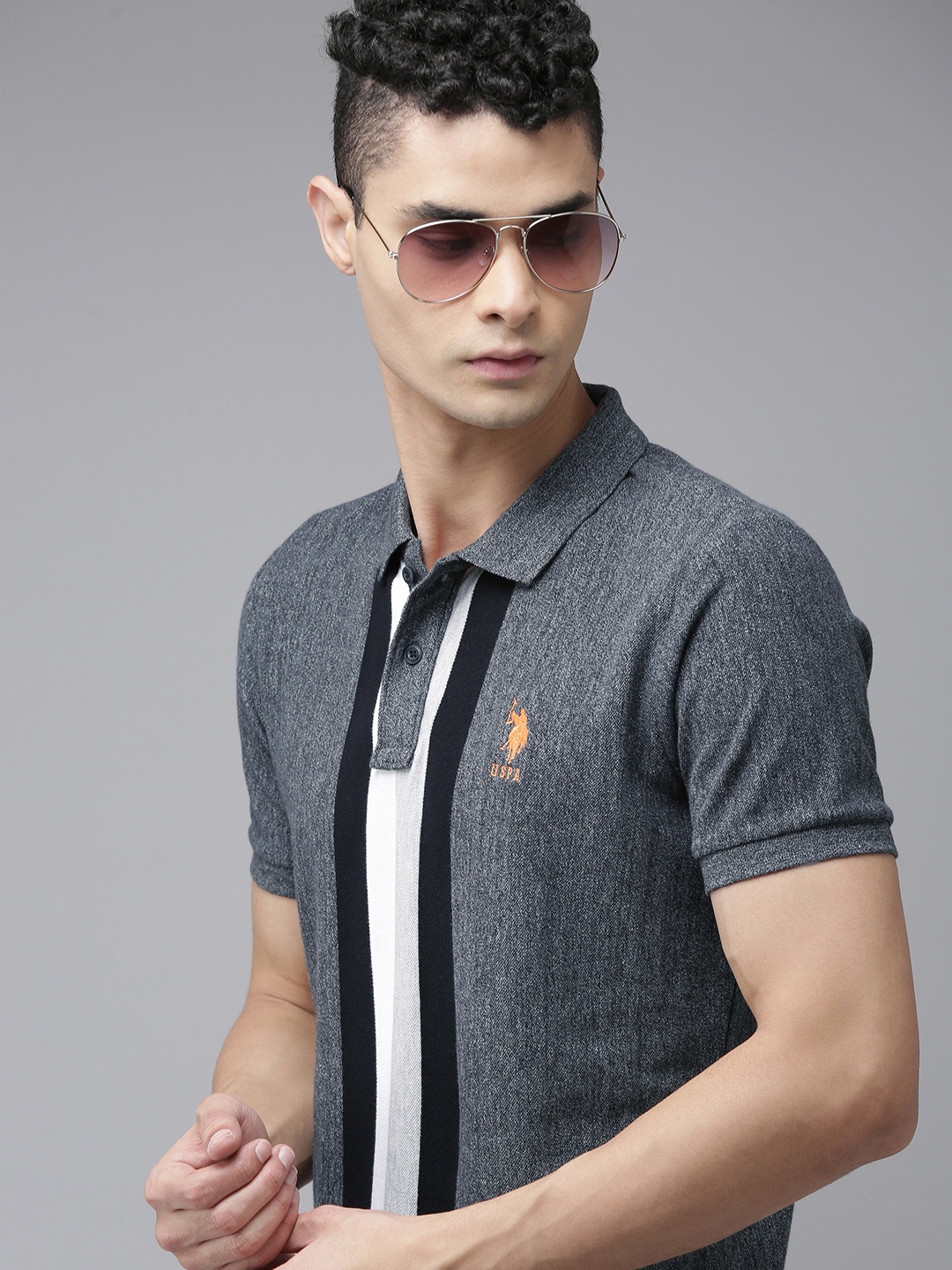 U S Polo Assn Men Charcoal Grey & White Striped Polo Collar Pure Cotton Slim Fit T-shirt
U S Polo Assn Men Charcoal Grey & White Striped Polo Collar Pure Cotton Slim Fit T-shirt