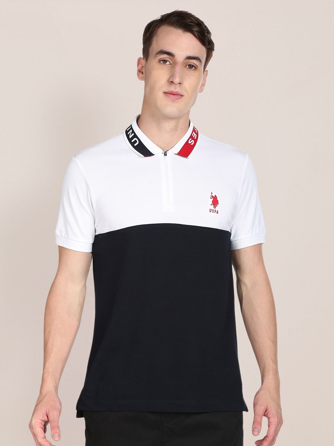 U S Polo Assn Men White & Black Colourblocked Polo Collar Slim Fit Pure Cotton T-shirt
U S Polo Assn Men White & Black Colourblocked Polo Collar Slim Fit Pure Cotton T-shirt