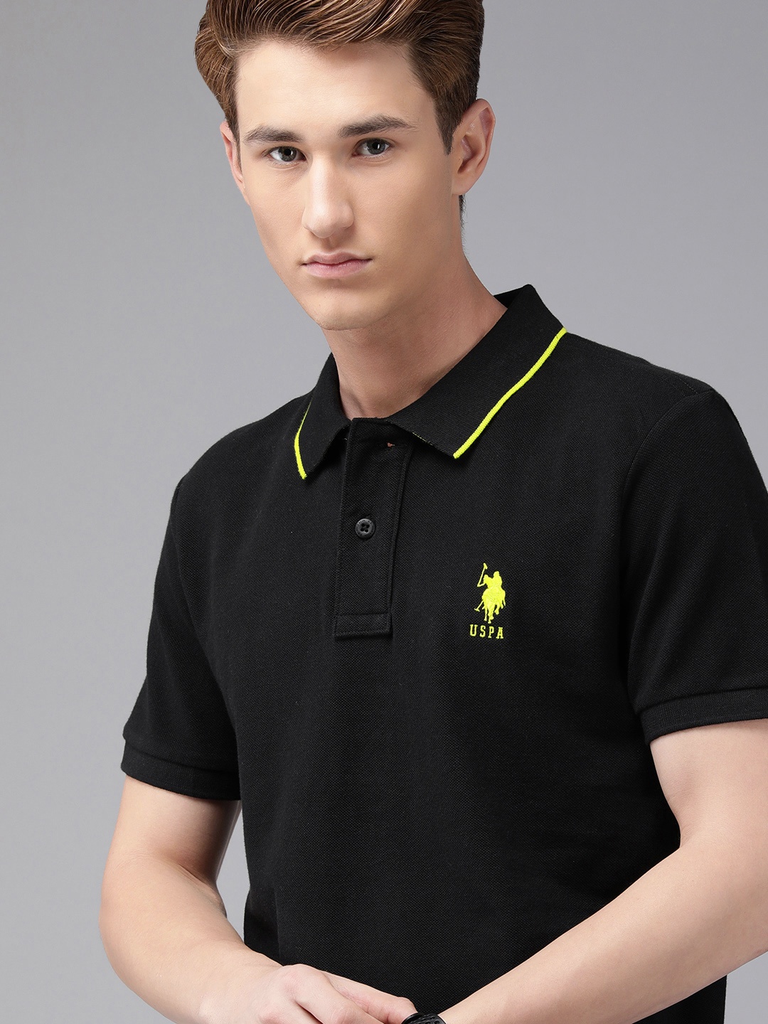 U S Polo Assn Men Black Back Brand Logo Printed Polo Collar Pure Cotton Slim Fit T-shirt
U S Polo Assn Men Black Back Brand Logo Printed Polo Collar Pure Cotton Slim Fit T-shirt