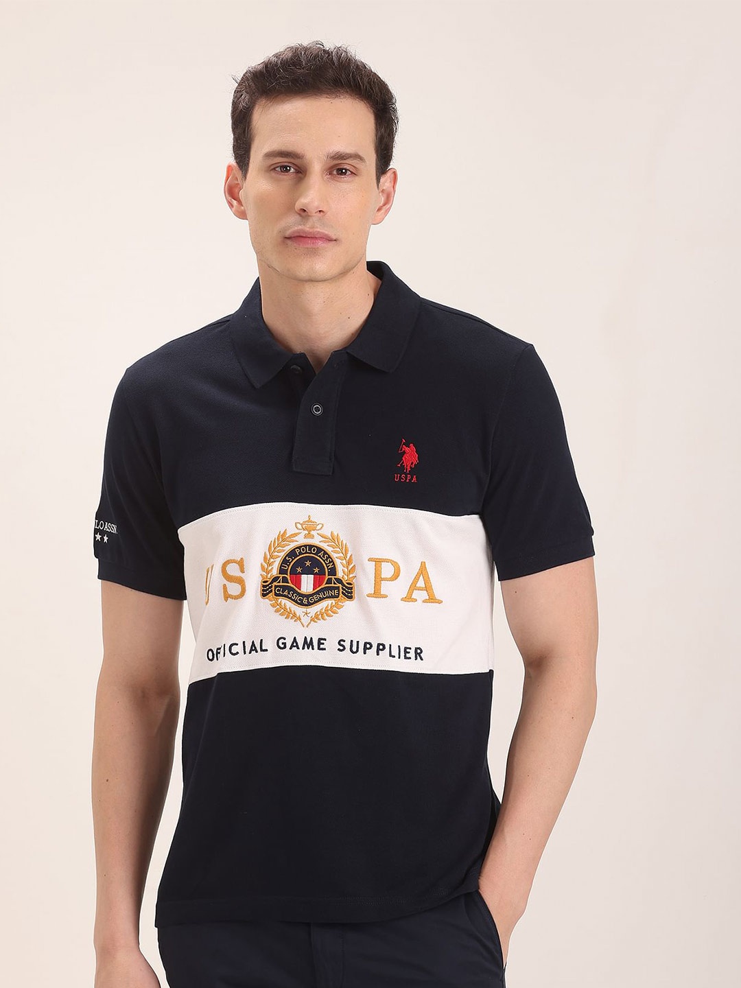 U S Polo Assn Men Navy Blue Brand Logo Embroidered Polo Collar Pure Cotton Slim T-shirt
U S Polo Assn Men Navy Blue Brand Logo Embroidered Polo Collar Pure Cotton Slim T-shirt