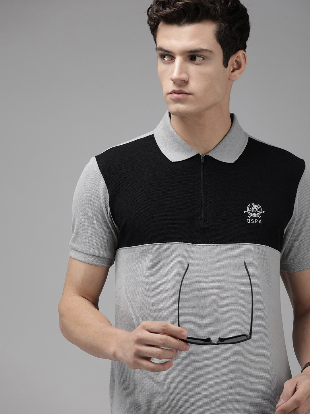 U S Polo Assn Men Grey & Navy Blue Colourblocked Polo Collar Pure Cotton Slim Fit T-shirt
U S Polo Assn Men Grey & Navy Blue Colourblocked Polo Collar Pure Cotton Slim Fit T-shirt