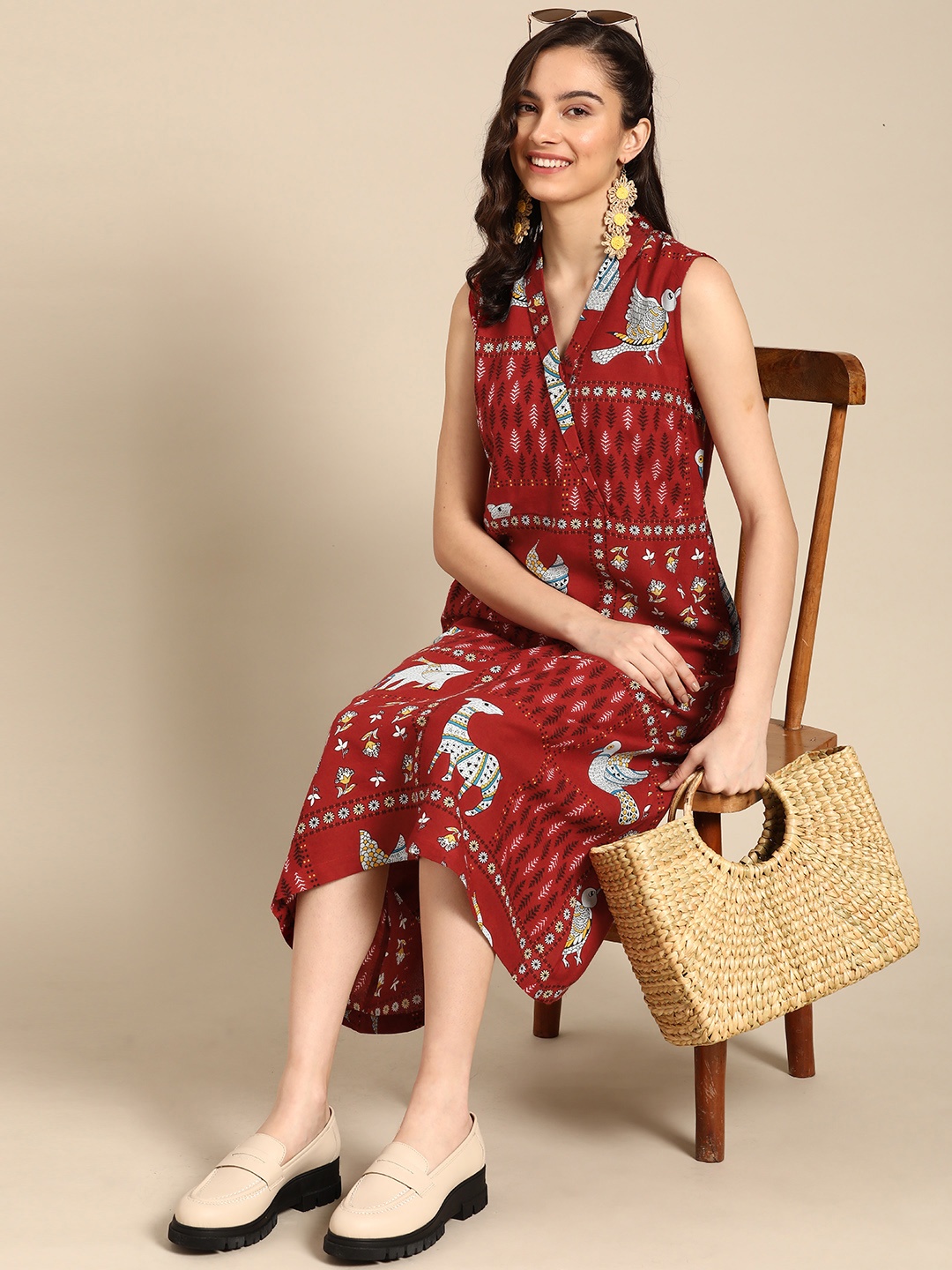 Sangria Red & Black Ethnic Motifs A-Line Midi Dress