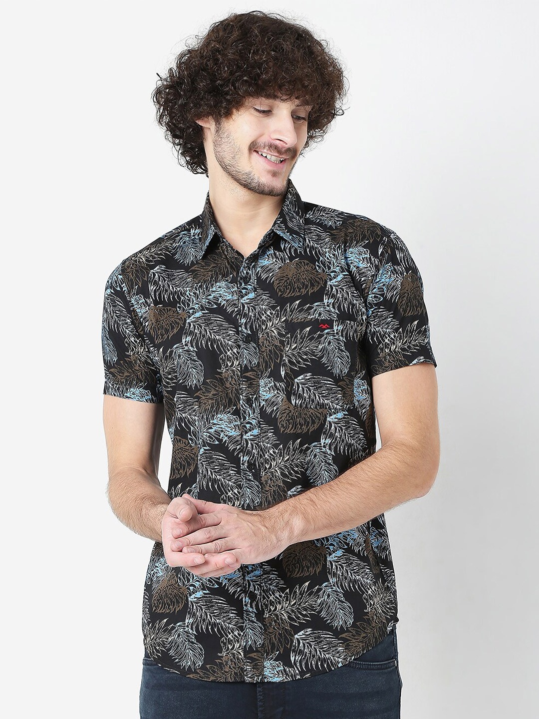 Mufti Men Black Classic Slim Fit Floral Printed Pure Cotton Casual Shirt