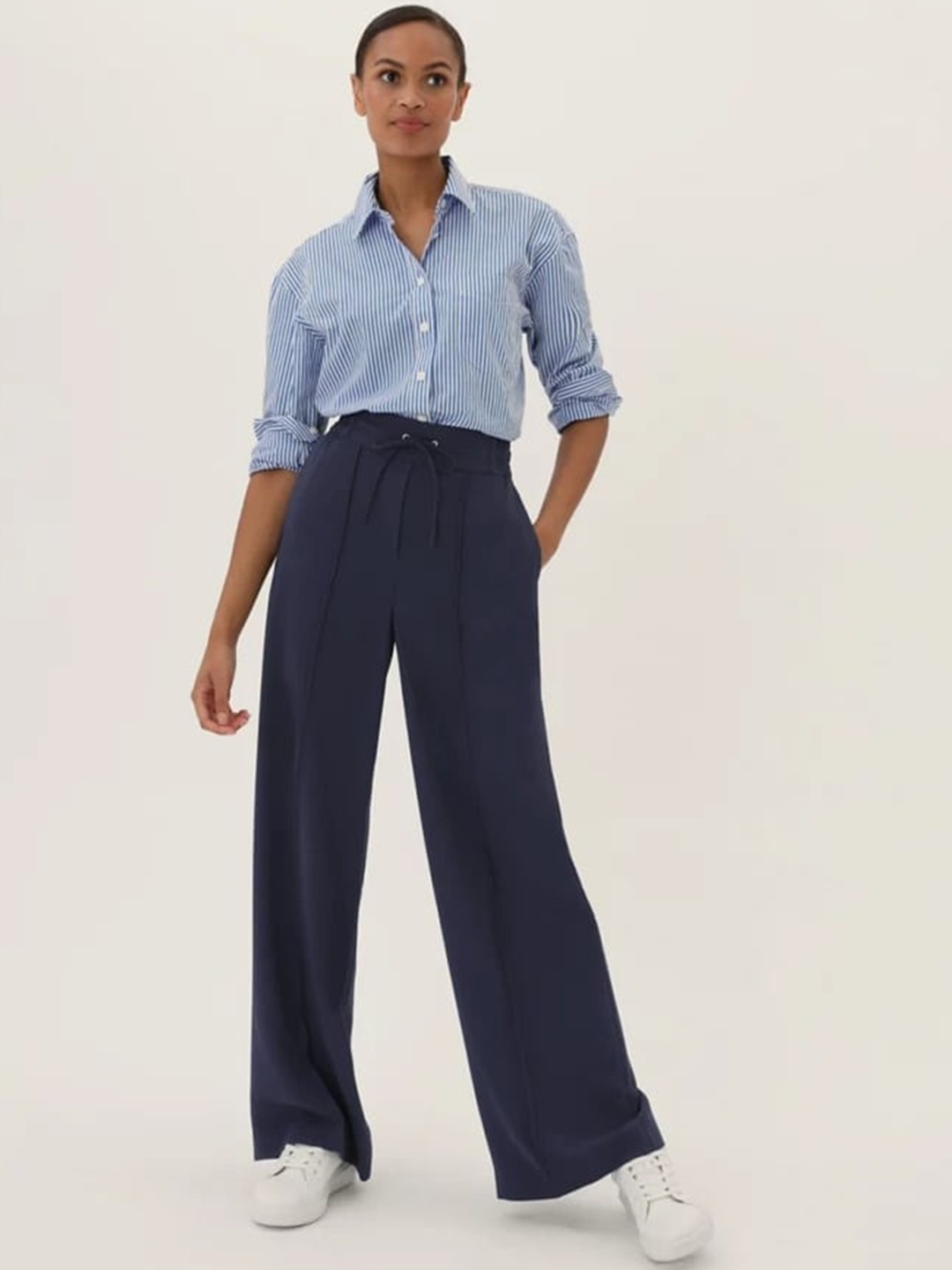 Marks & Spencer Women Navy Blue High-Rise Trousers