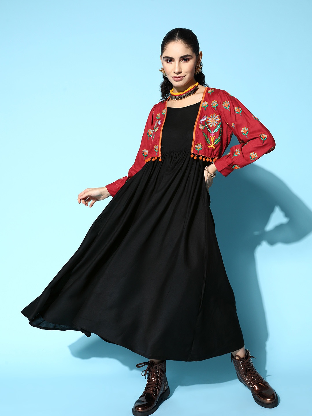 Sangria Women Fit & Flare Ethnic Dress with Embroidered Front Open Jacket, Black