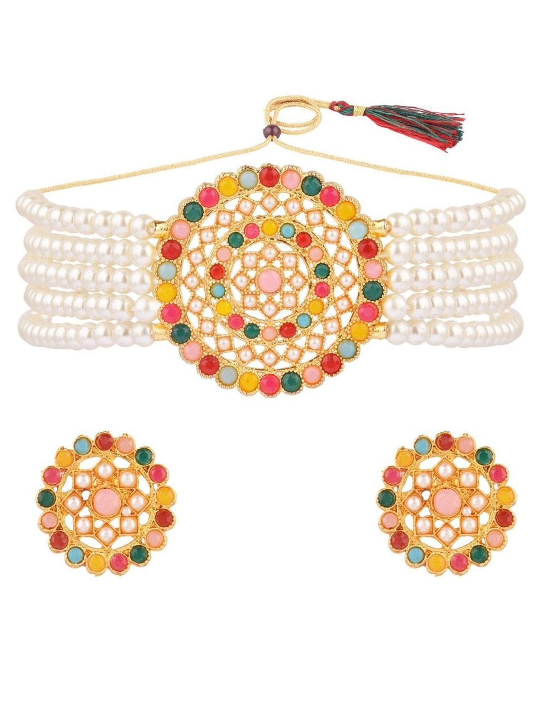 Efulgenz Gold-Plated Pink & Blue Crystal Studded Antique Choker Jewellery Set