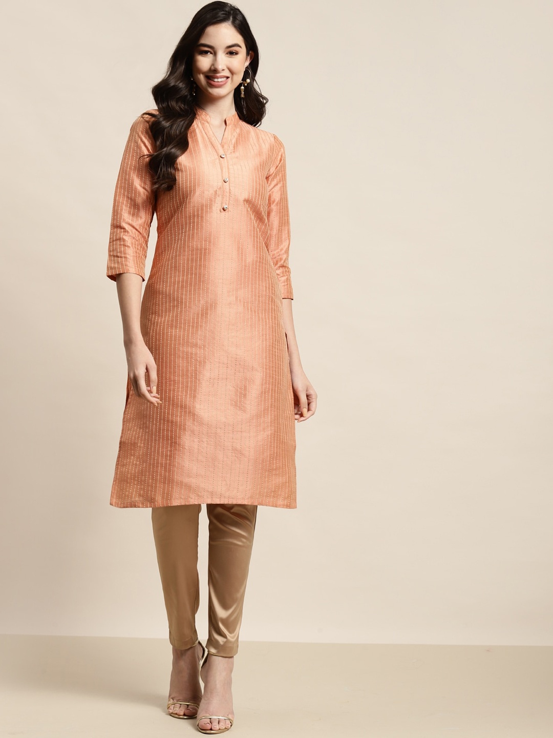 Jompers Women Orange & peach pearl Keyhole Neck Kurta