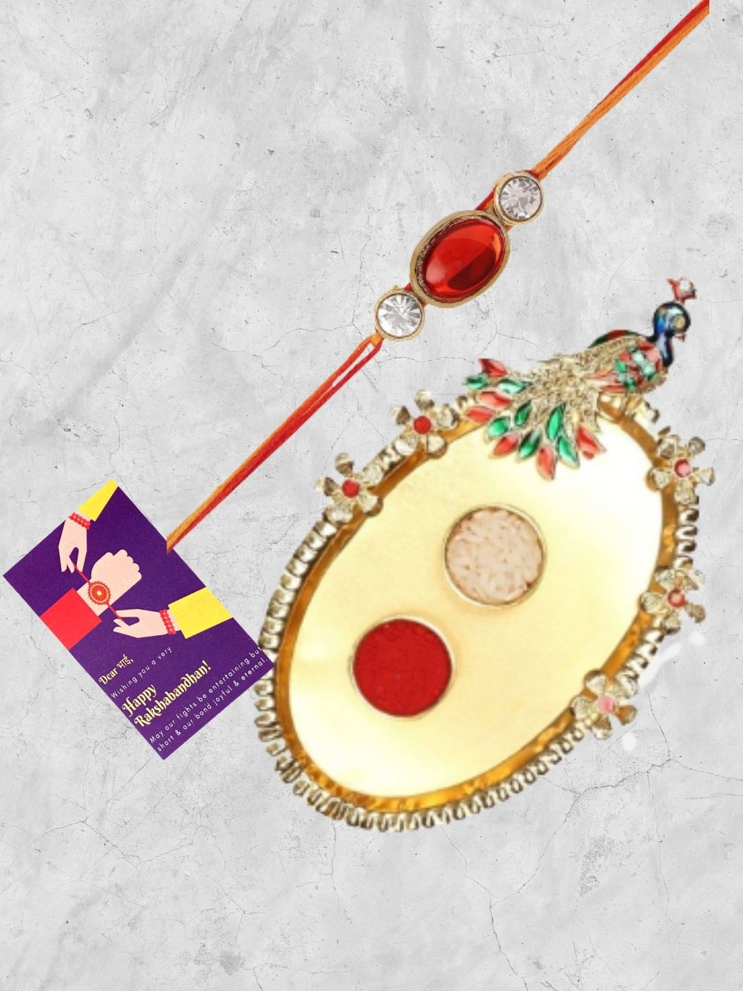Accessher Gift Set of 3 with Rhinestones Studded Rakhi, Peacock Thali & Greeting Card, Red
Accessher Gift Set of 3 with Rhinestones Studded Rakhi, Peacock Thali & Greeting Card, Red