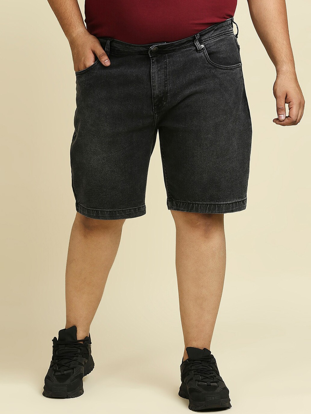 Freeform by High Star Plus Size Men Black Washed Slim Fit Denim Shorts