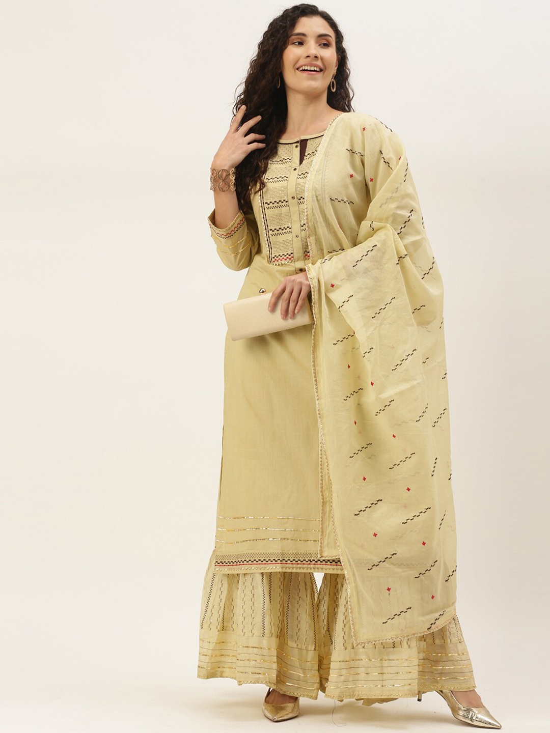 SheWill Women Cream-Coloured Embroidered Sequinned Kurta with Sharara & With Dupatta
SheWill Women Cream-Coloured Embroidered Sequinned Kurta with Sharara & With Dupatta