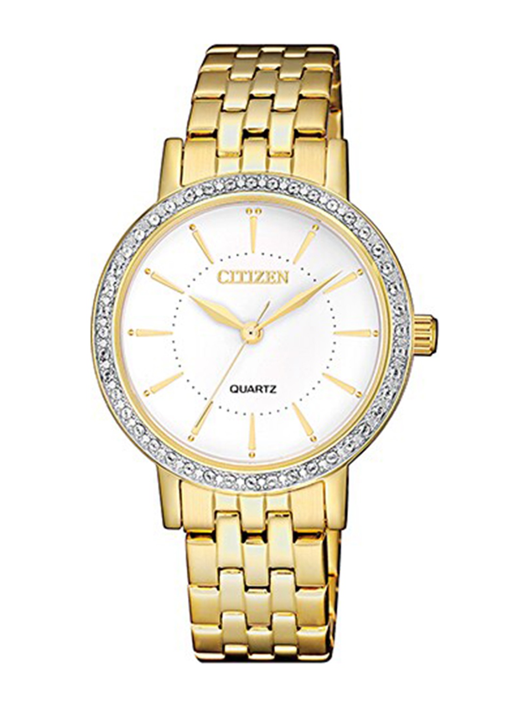 Citizen Women White Embellished Dial & Gold Toned Stainless Steel Bracelet Style Straps Analogue Watch
Citizen Women White Embellished Dial & Gold Toned Stainless Steel Bracelet Style Straps Analogue Watch