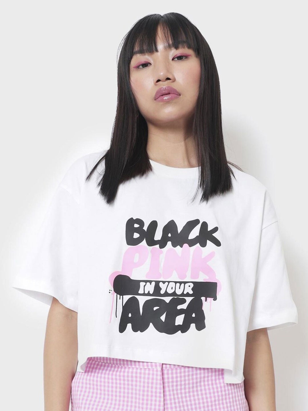 Bewakoof Women White & Pink Typography Printed Applique Loose T-shirt