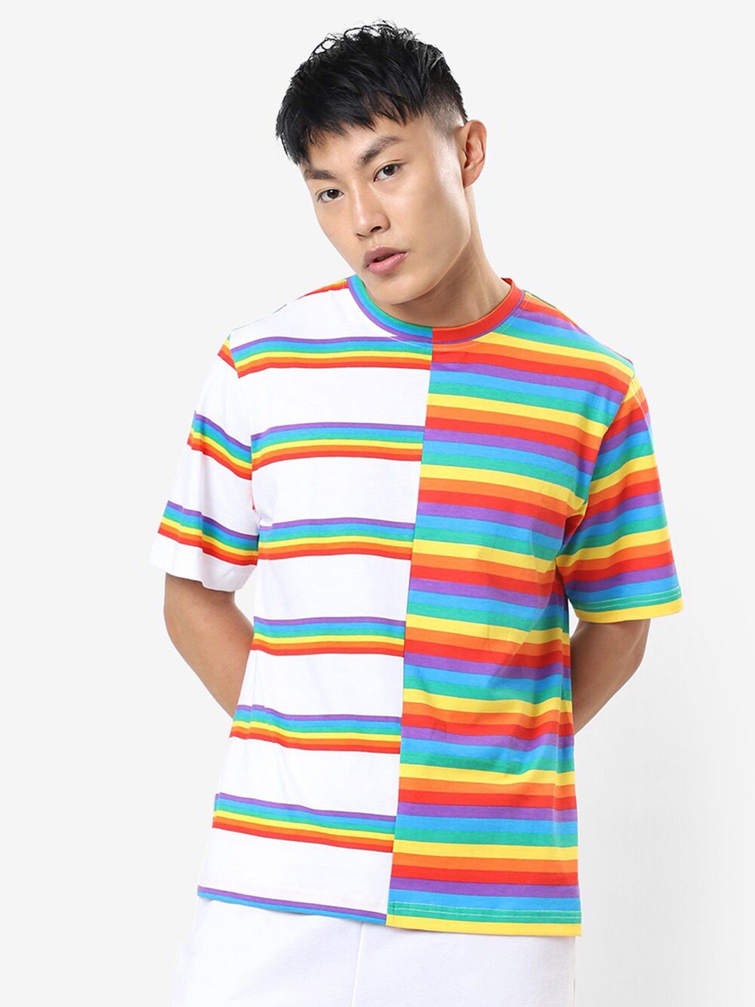 Bewakoof Men White StripedOversized T-shirt