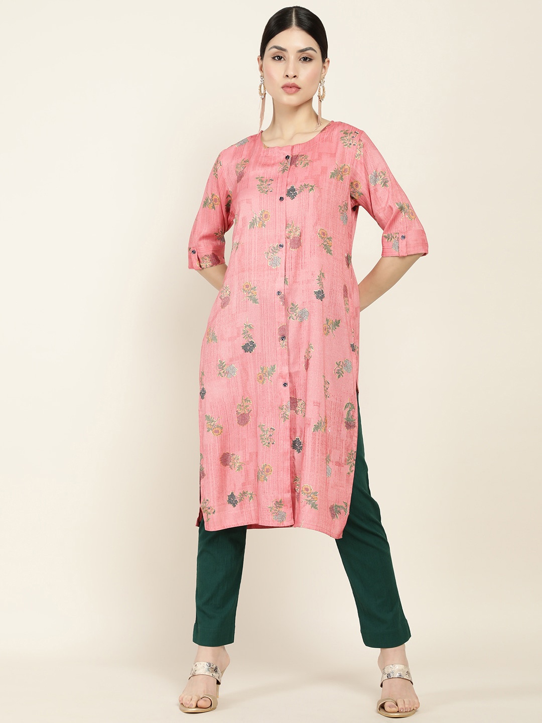 Soch Women Pink & Green Floral Printed Kurta