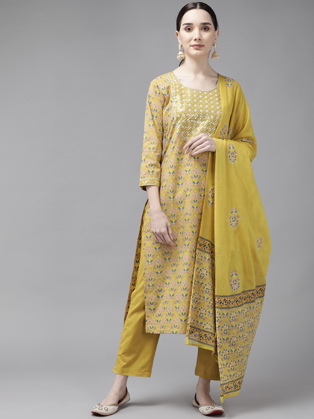 Yufta Women Mustard Yellow Ethnic Motifs Printed Gotta Patti Pure Cotton Kurta with Trousers & With Dupatta
Yufta Women Mustard Yellow Ethnic Motifs Printed Gotta Patti Pure Cotton Kurta with Trousers & With Dupatta