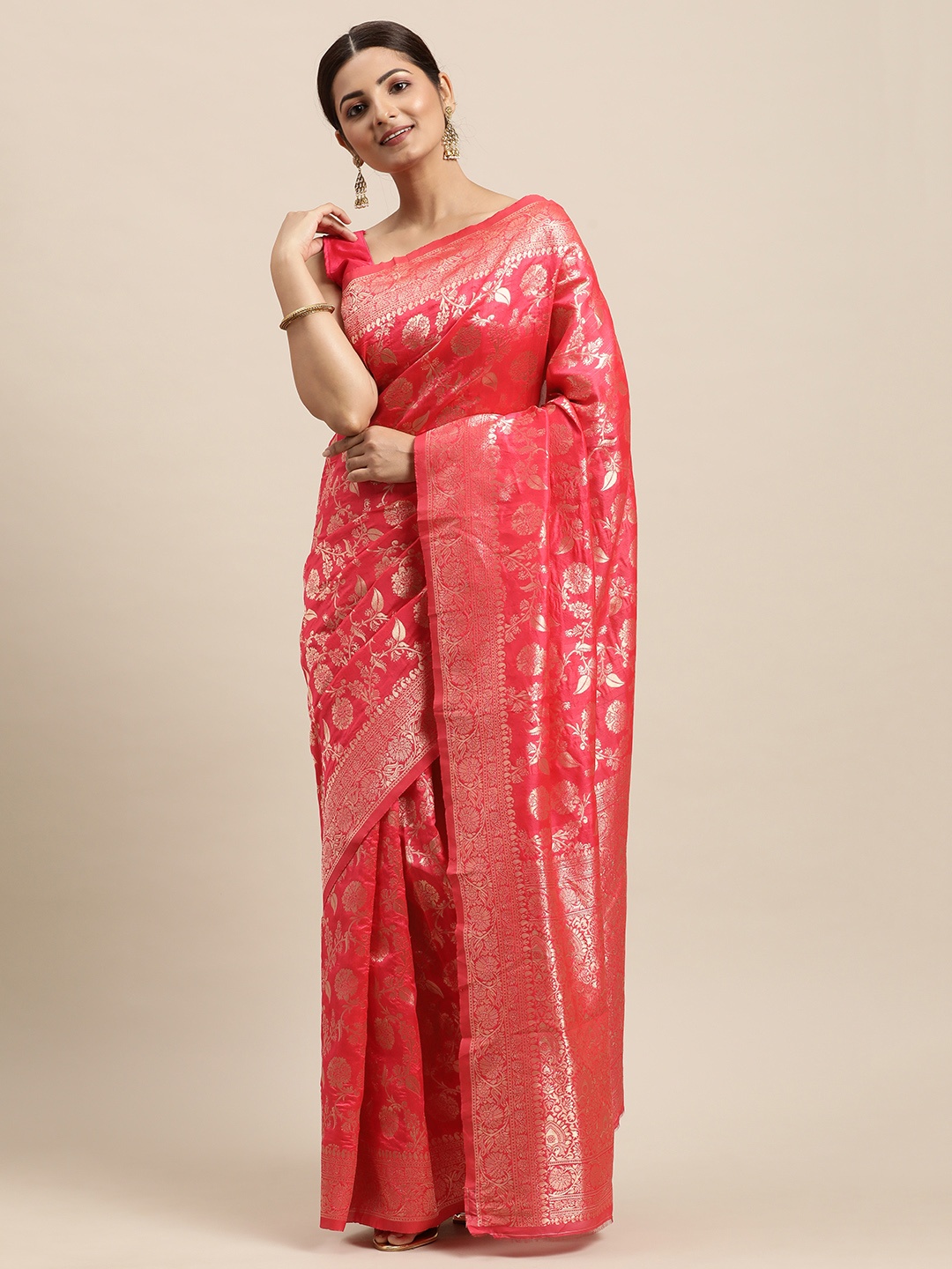 VRSALES Coral Pink Woven Design Zari Pure Silk Banarasi Saree with Blouse Piece