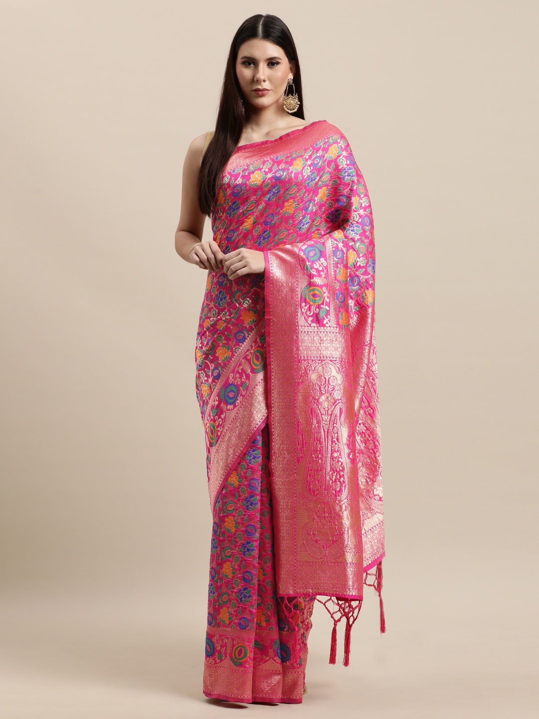 VRSALES Magenta & Blue Ethnic Motifs Zari Pure Silk Banarasi Saree