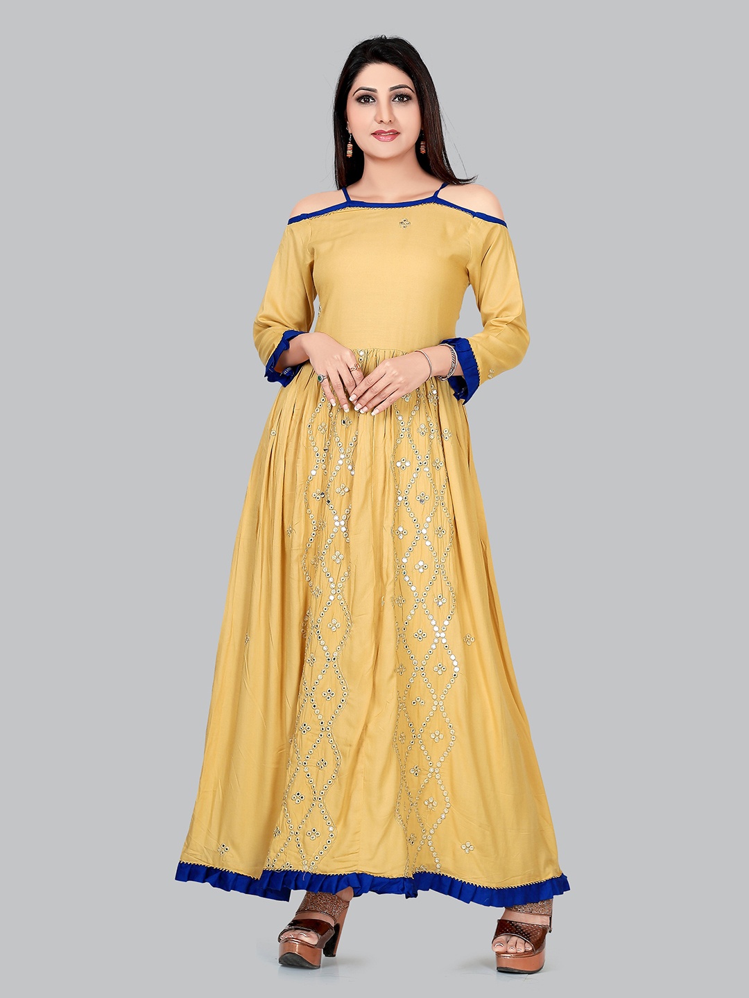 Ayukti Women Yellow Embellished Off-Shoulder Mirror Work Anarkali Kurta