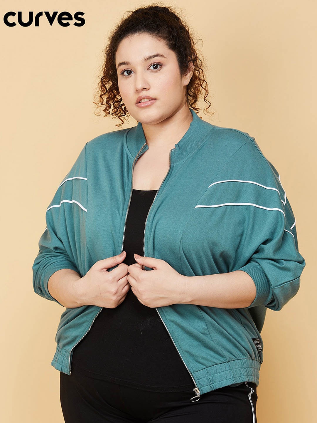 max Women Plus Size Green Windcheater Bomber Jacket