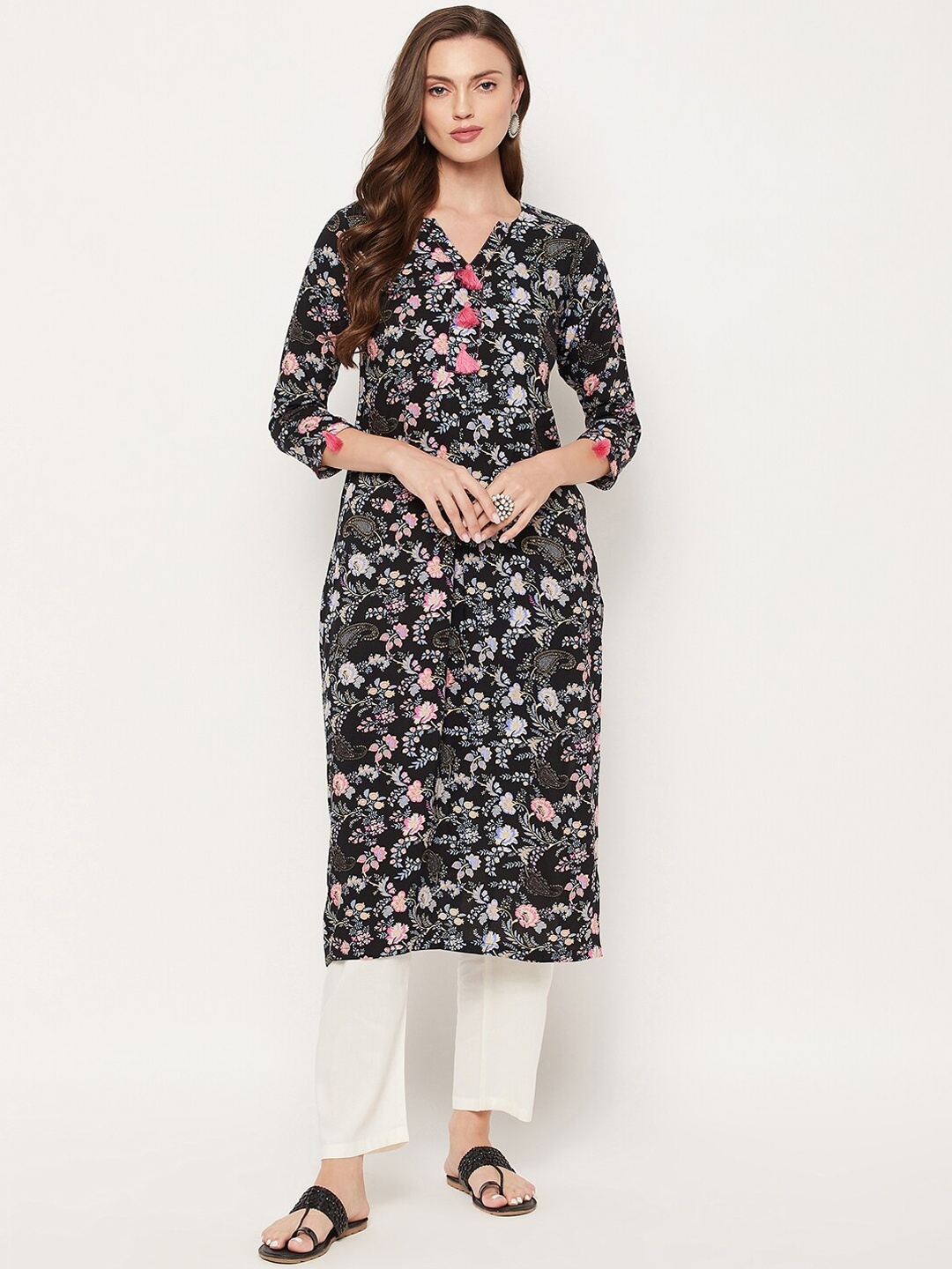 Tissu Women Black Floral Printed Floral Kurta