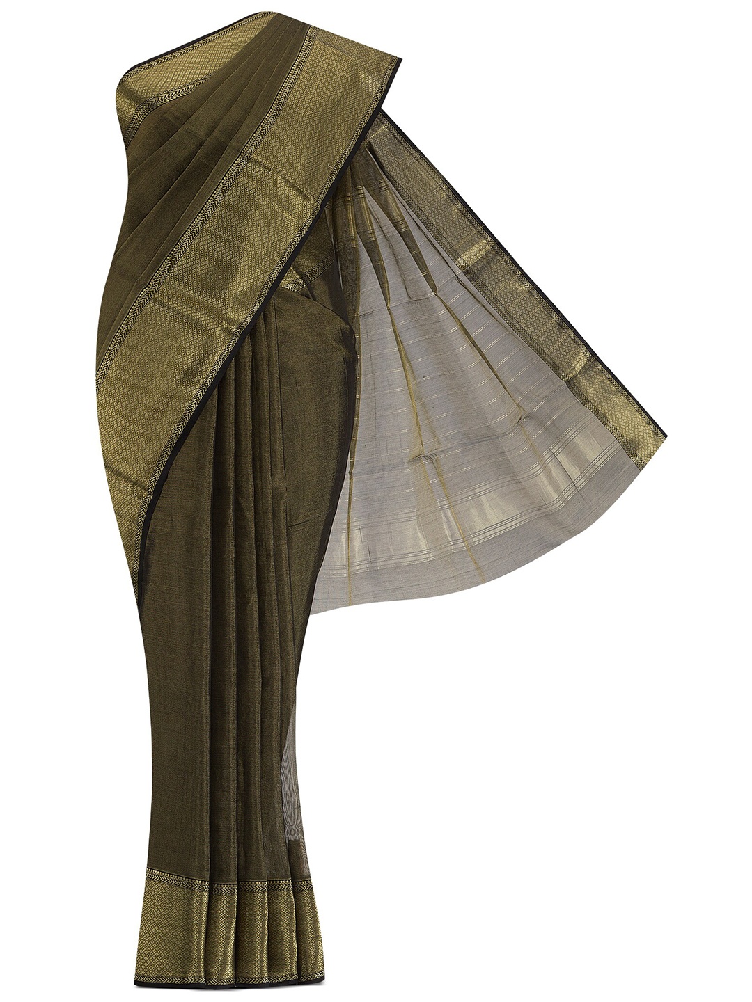 Nalli Next Olive Green & Gold-Toned Zari Silk Cotton Saree