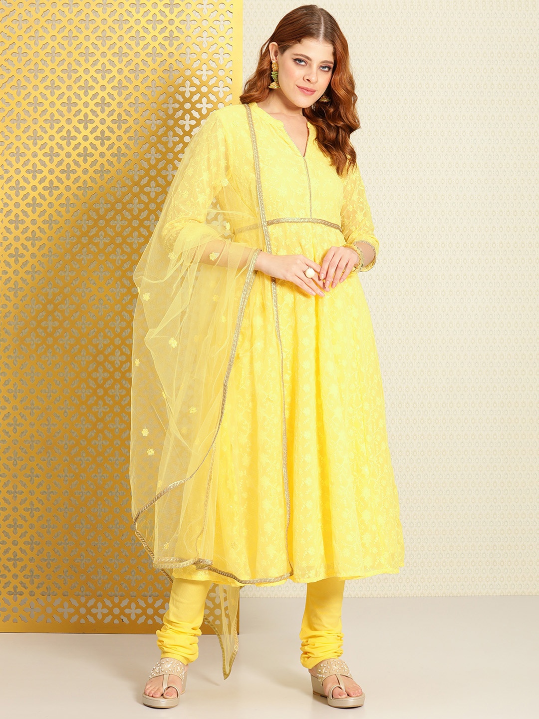House of Pataudi Women Floral Embroidered Pure Cotton Jashn Kurta with Churidar & Dupatta, Yellow
House of Pataudi Women Floral Embroidered Pure Cotton Jashn Kurta with Churidar & Dupatta, Yellow